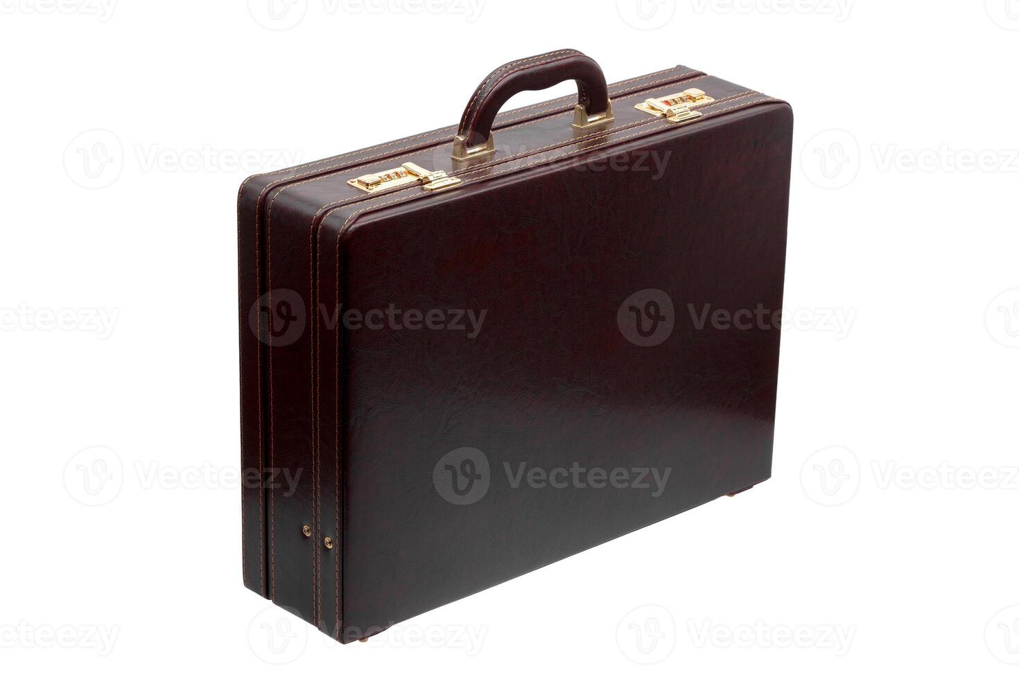 Brown leather suitcase with combination lock and gold locks isolated on white photo