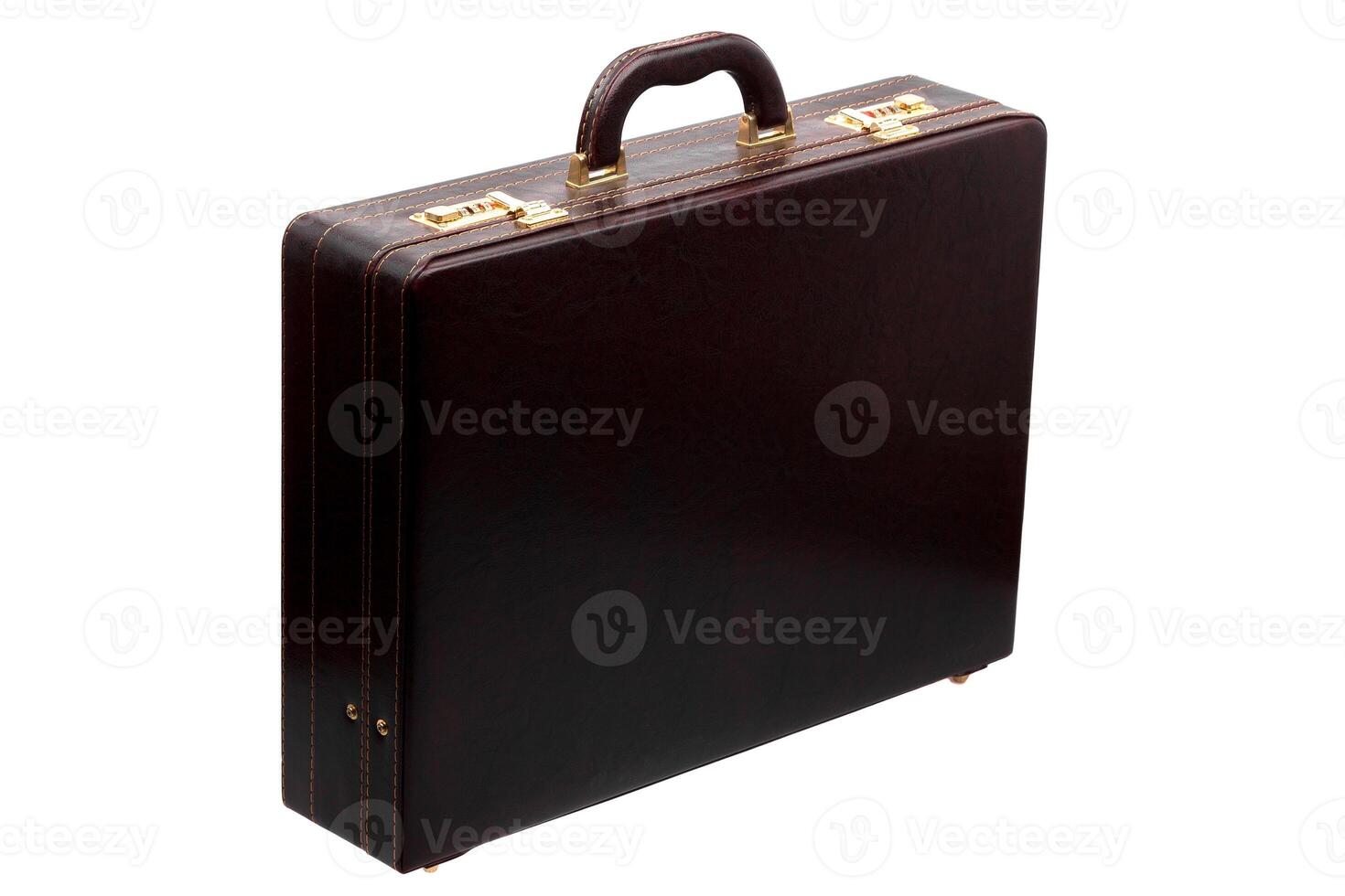 Brown leather suitcase with combination lock and gold locks isolated on white photo