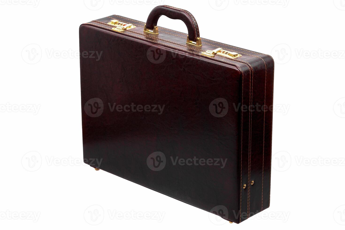 Brown leather suitcase with combination lock and gold locks isolated on white photo