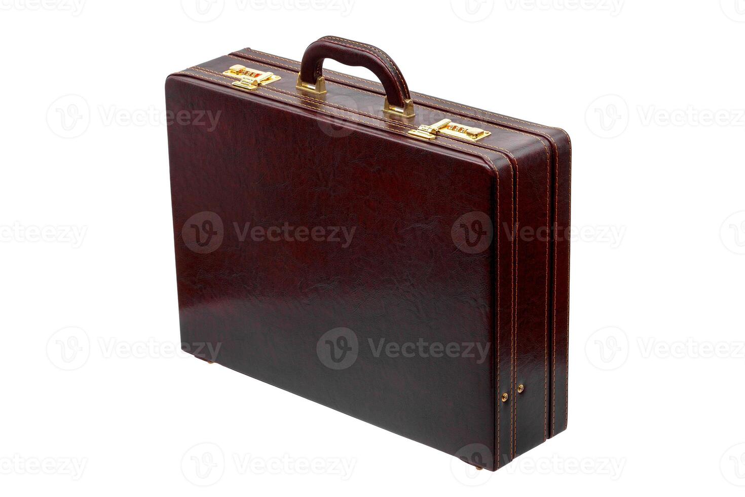 Brown leather suitcase with combination lock and gold locks isolated on white photo