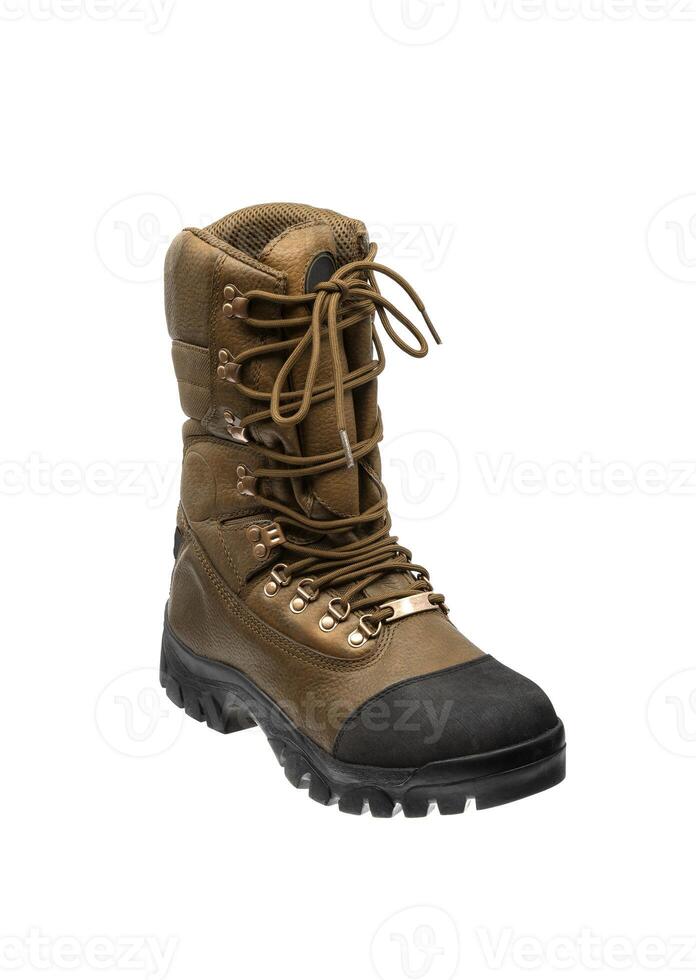 Modern mountain boots isolate on a white back. Shoes for outdoor activities and travel. photo
