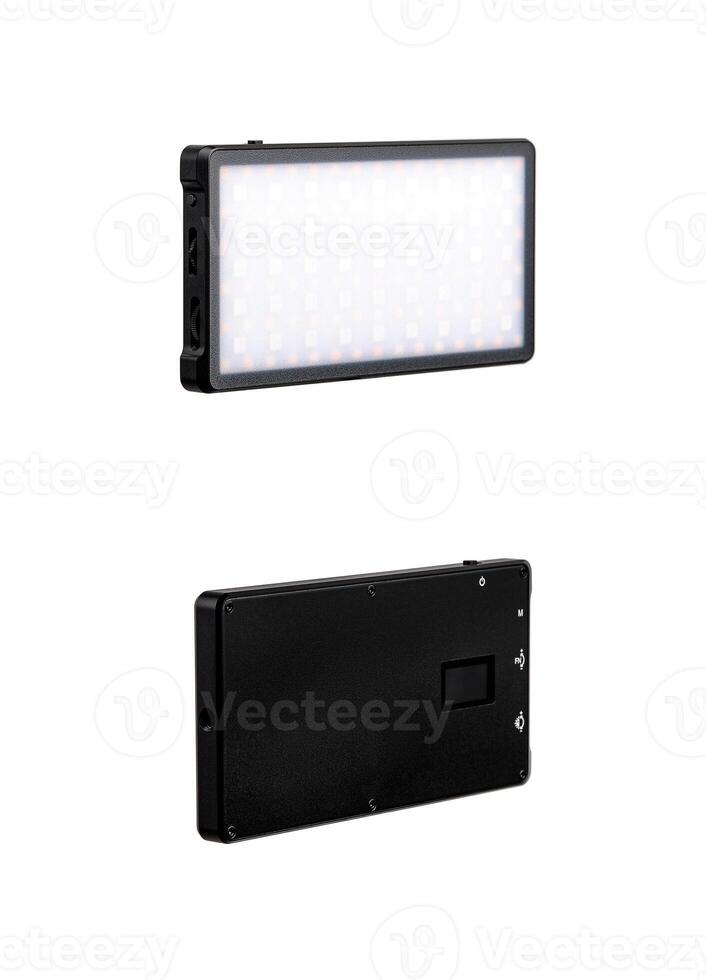 A small portable LED panel on the battery. Lighting device for photo and filming. Isolate on a white back.