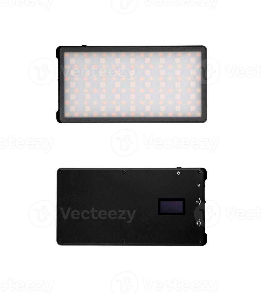 A small portable LED panel on the battery. Lighting device for photo and filming. Isolate on a white back.