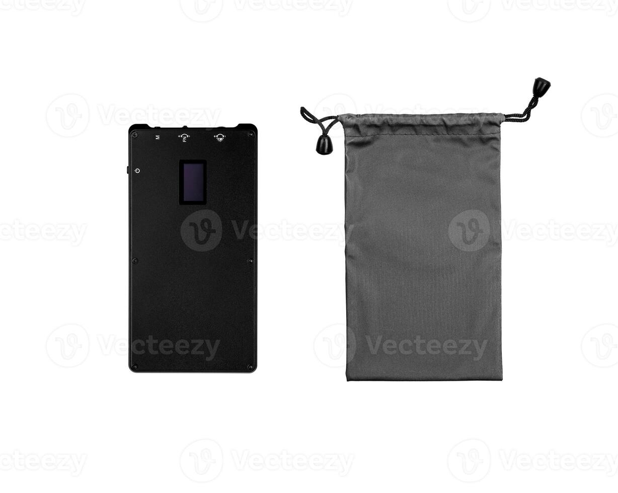 A small portable LED panel on the battery. Lighting device for photo and filming. Isolate on a white back.