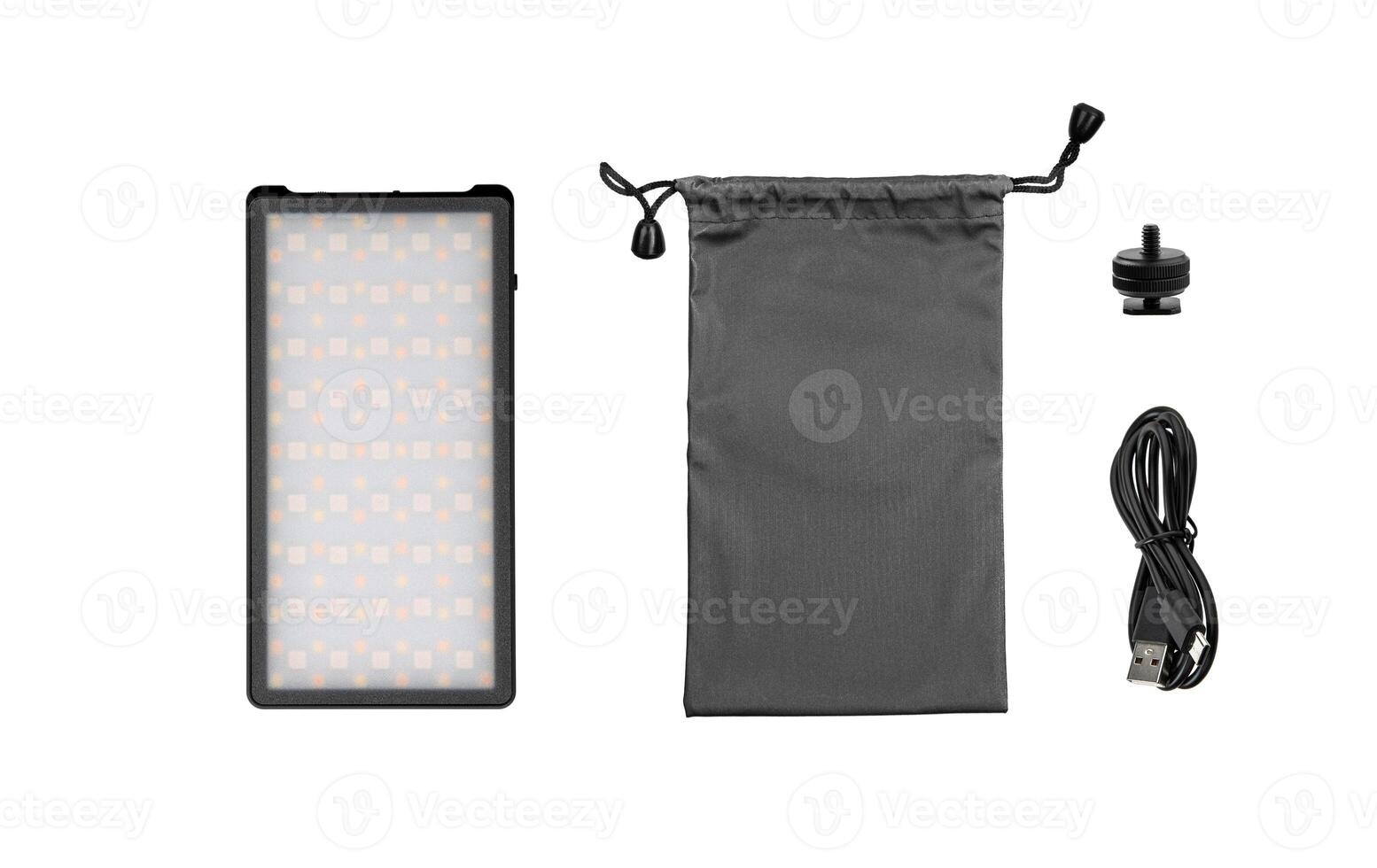A small portable LED panel on the battery. Lighting device for photo and filming. Isolate on a white back.