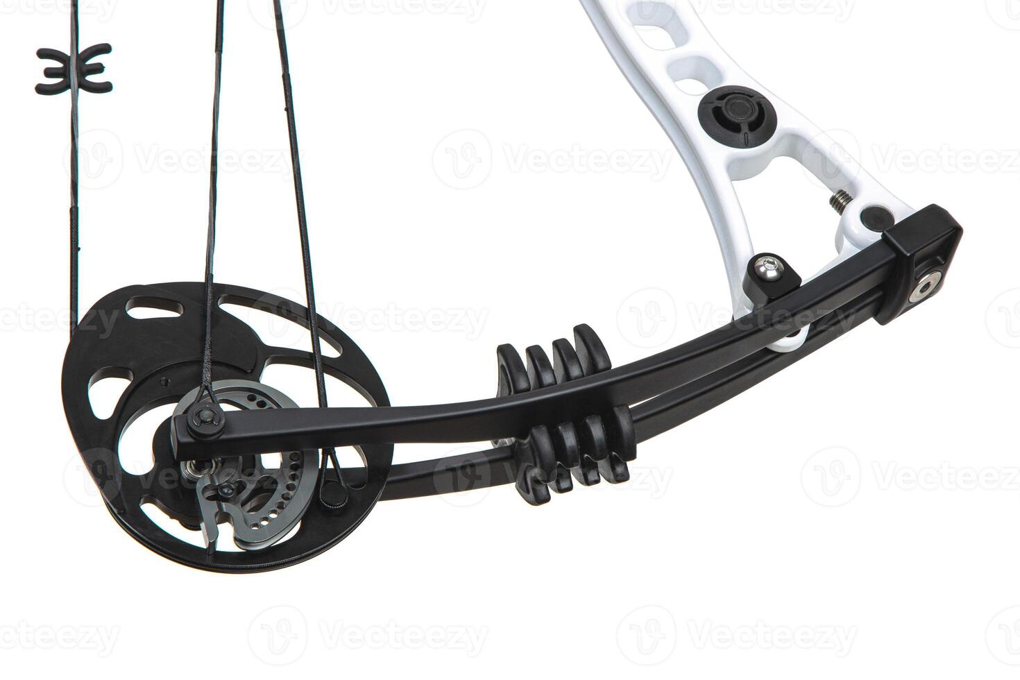 Close-up element of sports bow. Modern component sports bow. Weapons for sports and entertainment. Isolate on a white back photo