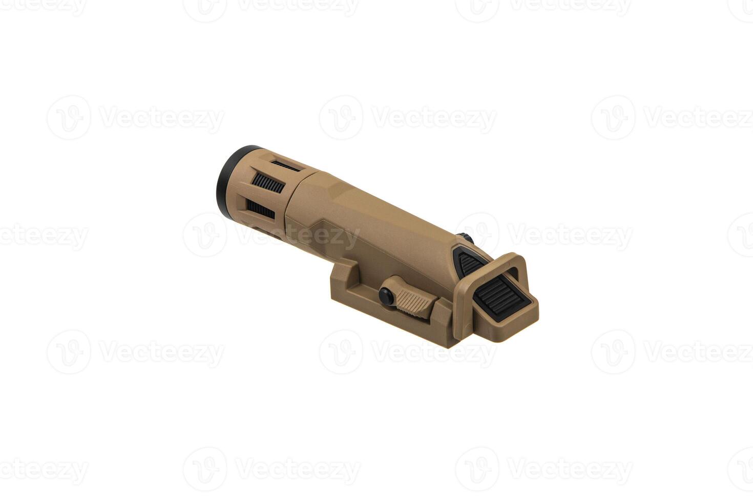 Modern LED flashlight with weapon mount. Underbarrel tactical flashlight isolate on white back. photo