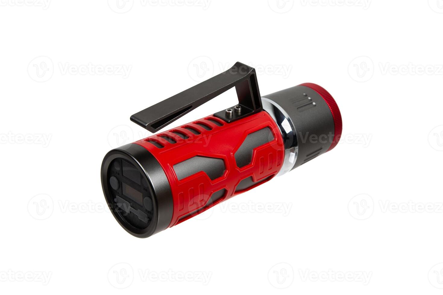 Modern metal LED flashlight in red color. Portable flashlight isolate on a white back photo