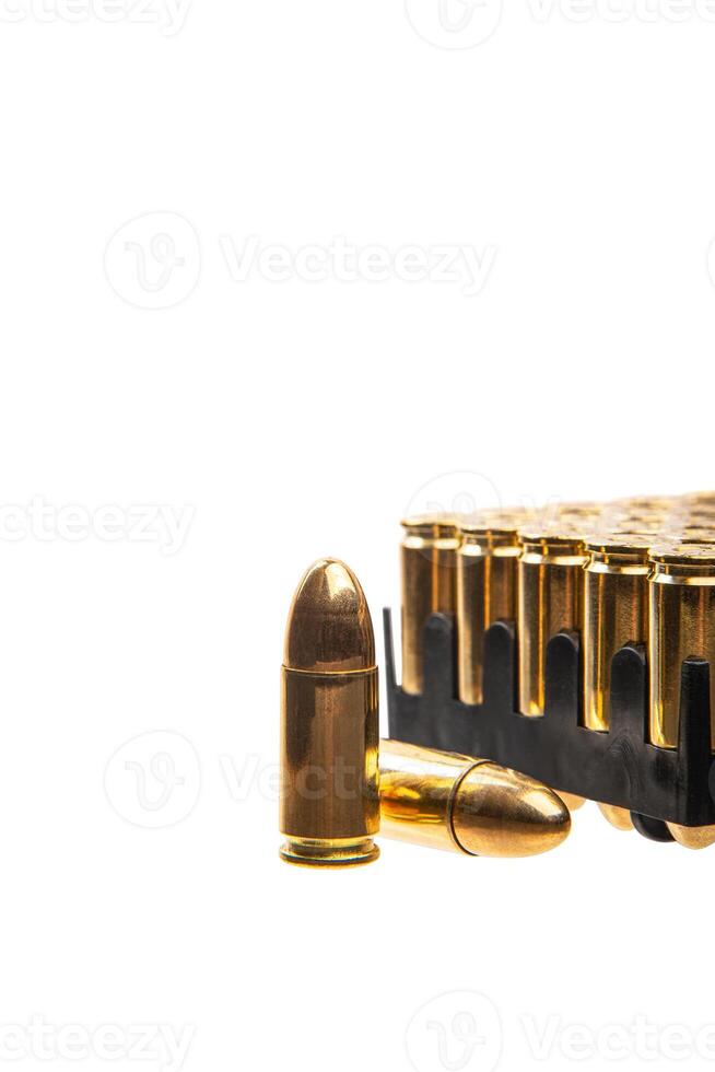 A box of cartridges for a pistol. Ammunition for weapons. Isolate on a white back. photo