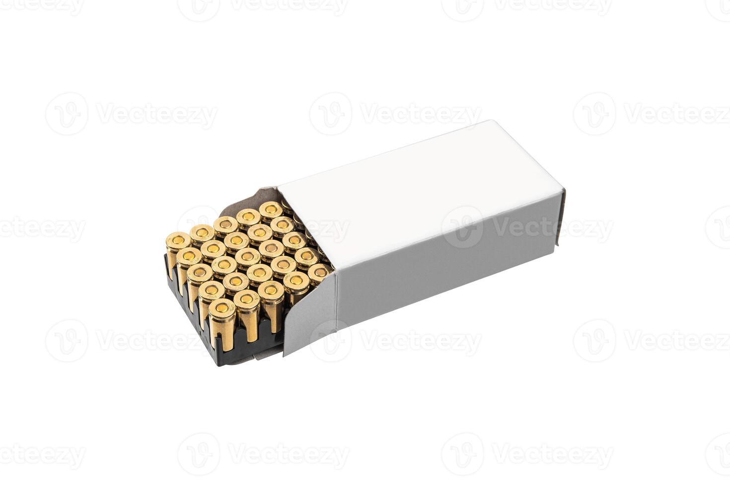 A box of cartridges for a pistol. Ammunition for weapons. Isolate on a white back. photo
