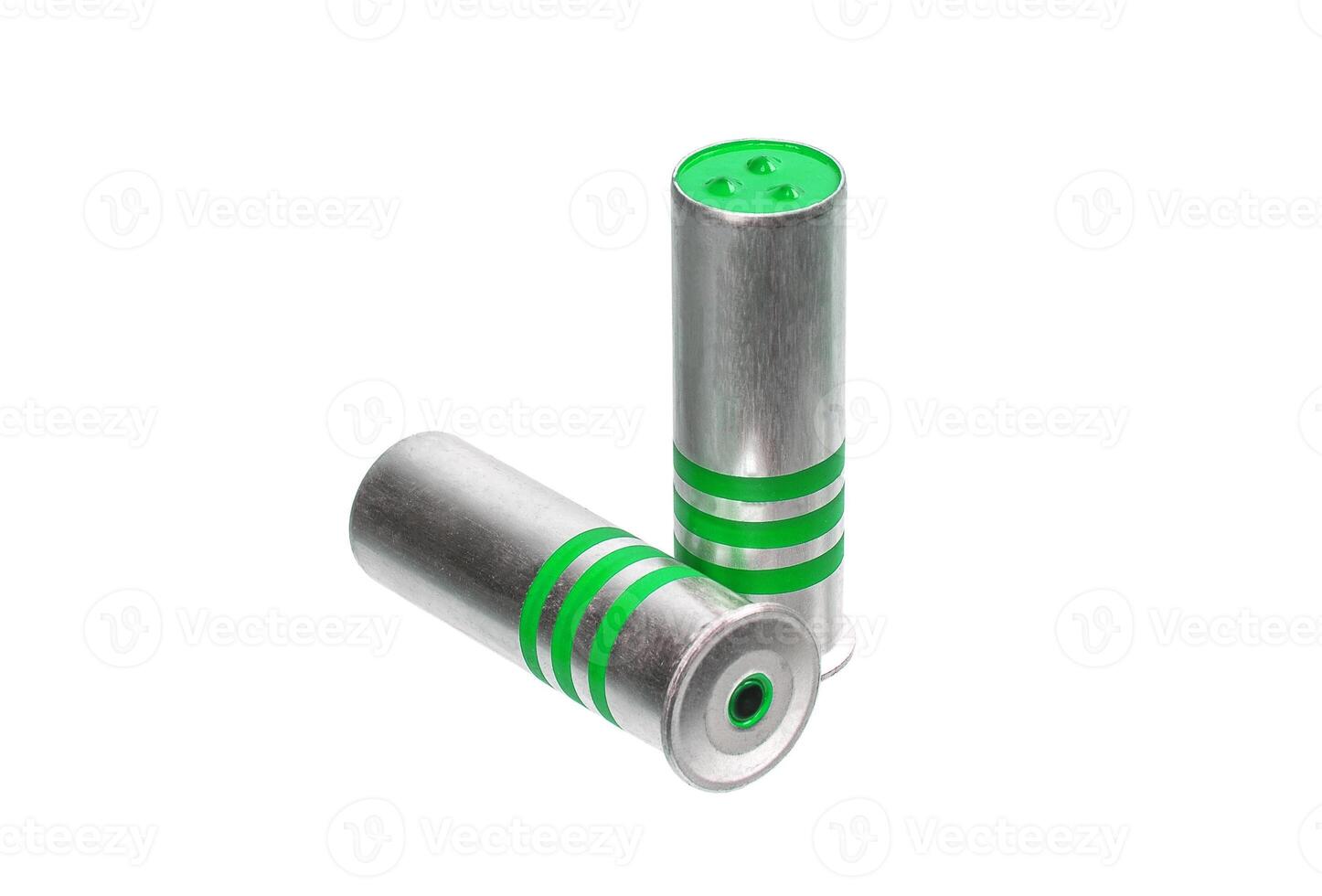 Ammunition for signal flares gun isolate on a white background. Silver ammo with green stripes. Green flares. photo