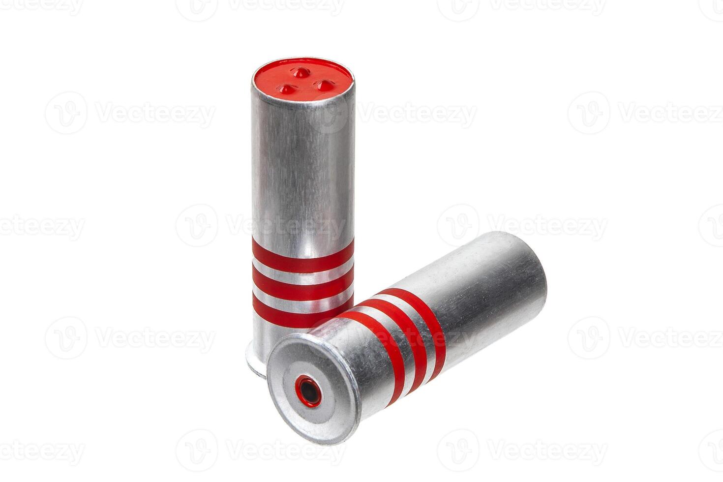 Ammunition for signal flares gun isolate on a white background. Silver ammo with red stripes. Red flares. photo