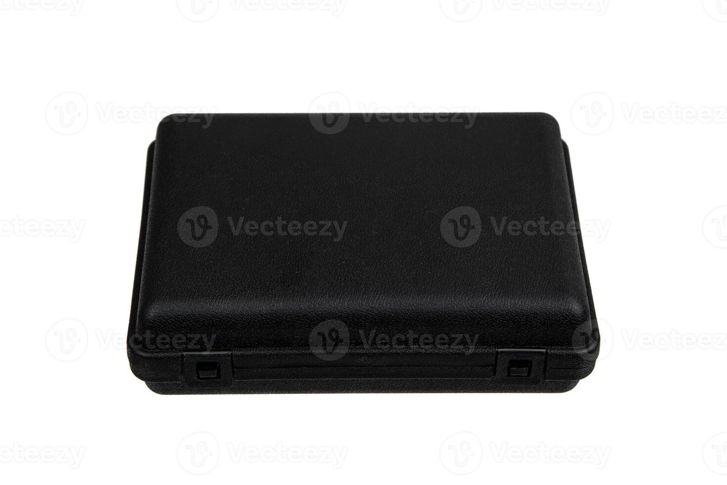 Black plastic container with foam inside for safe storage and transportation of fragile and expensive items. Sturdy plastic case. Isolate on a white back. photo