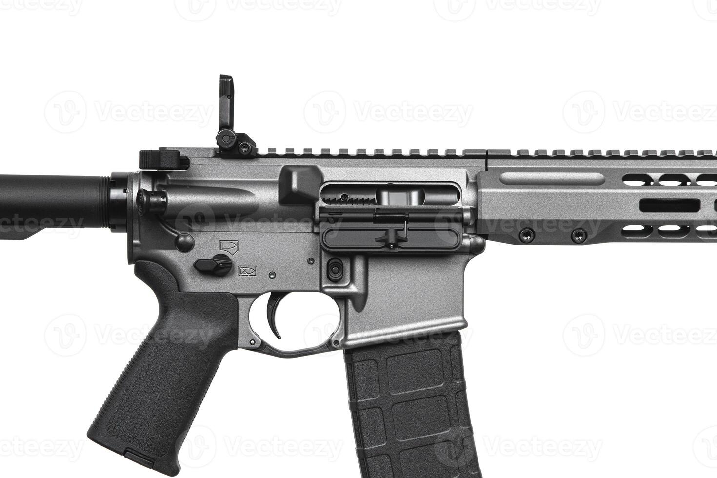 Close up of modern automatic rifle isolated on white background. Weapons for police, special forces and the army. Automatic carbine with mechanical sights. Assault rifle on white photo