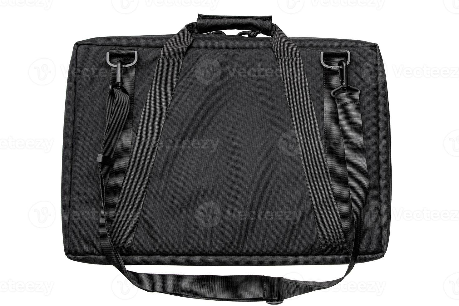 Modern shoulder bag isolate on a white background. Men's modern black tactical bag. photo
