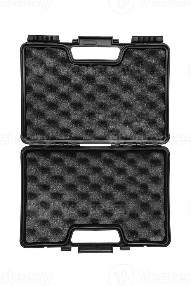 open black plastic case for arms or tools isolated on white back photo