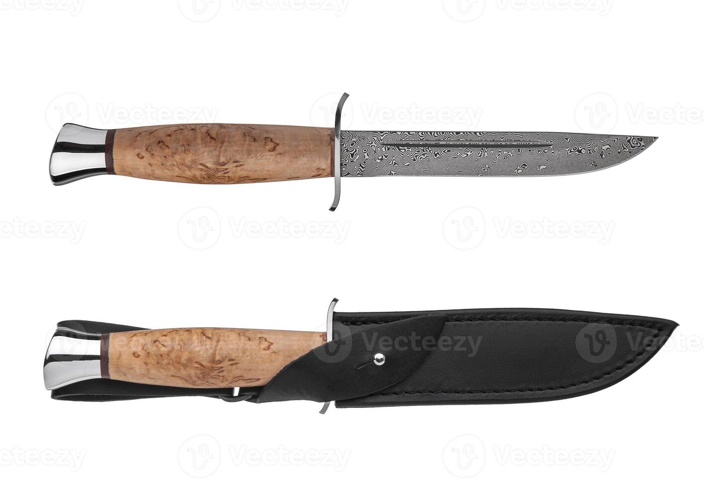 Hunting knife with wooden handle and leather case isolated on white photo