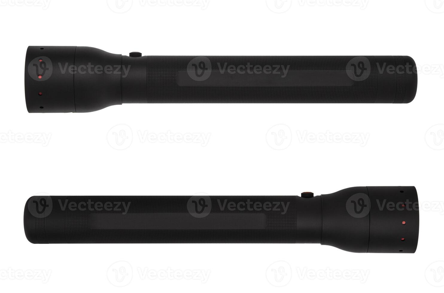 modern black metal flashlight isolated on white photo