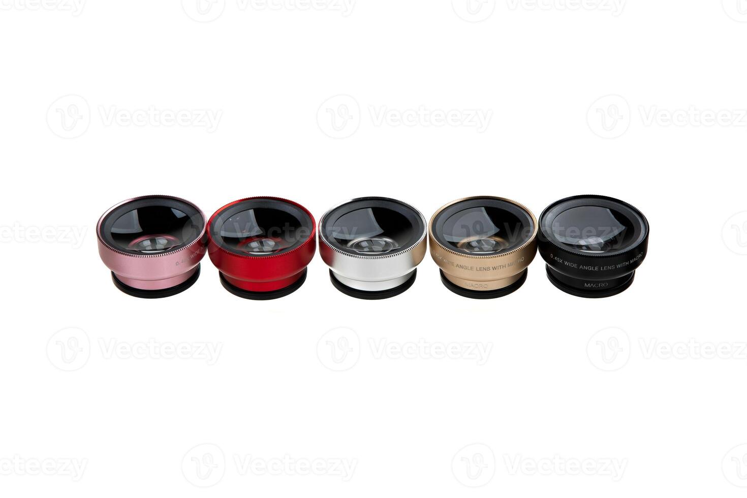 Sets of additional wide-angle and macro lenses for the phone. Smartphone lenses. Isolate on a white back. photo