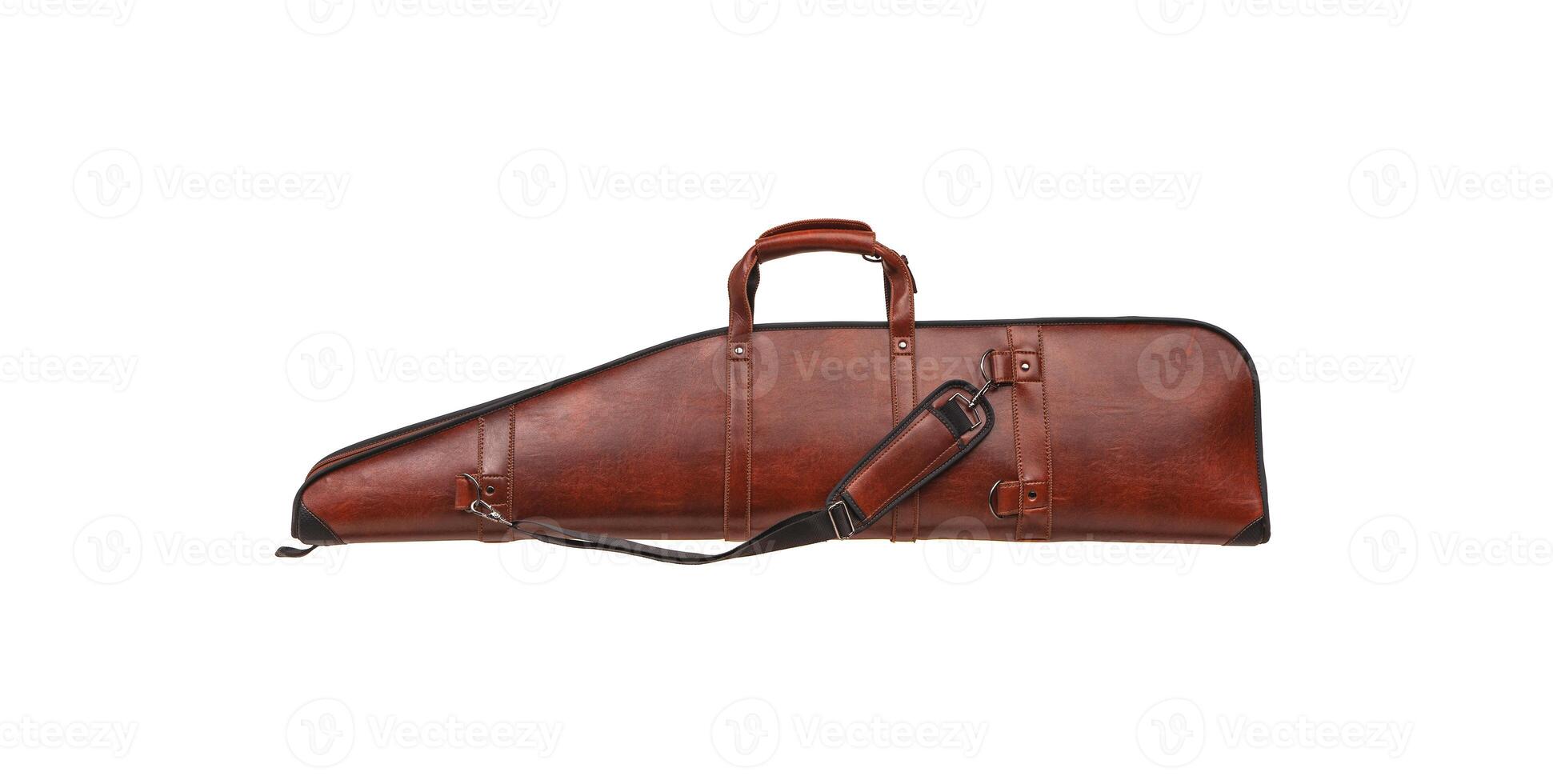 Luxury leather case for weapons isolate on a white back. Brown leather case for a hunting rifle. Soft yet secure storage case for transporting weapons. photo