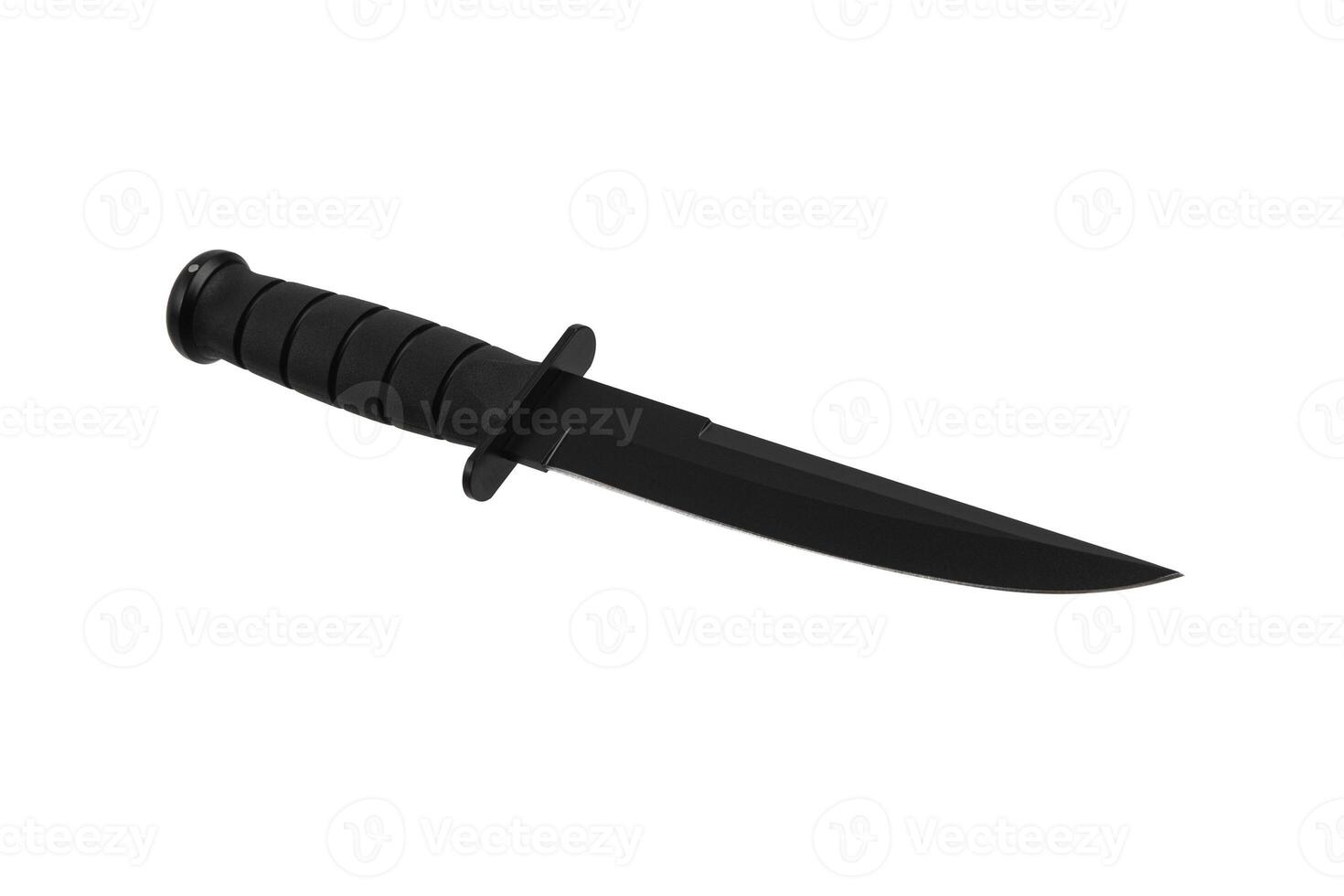 Modern hunting knife with black blade and rubber handle. Steel arms. Isolate on a white back. photo