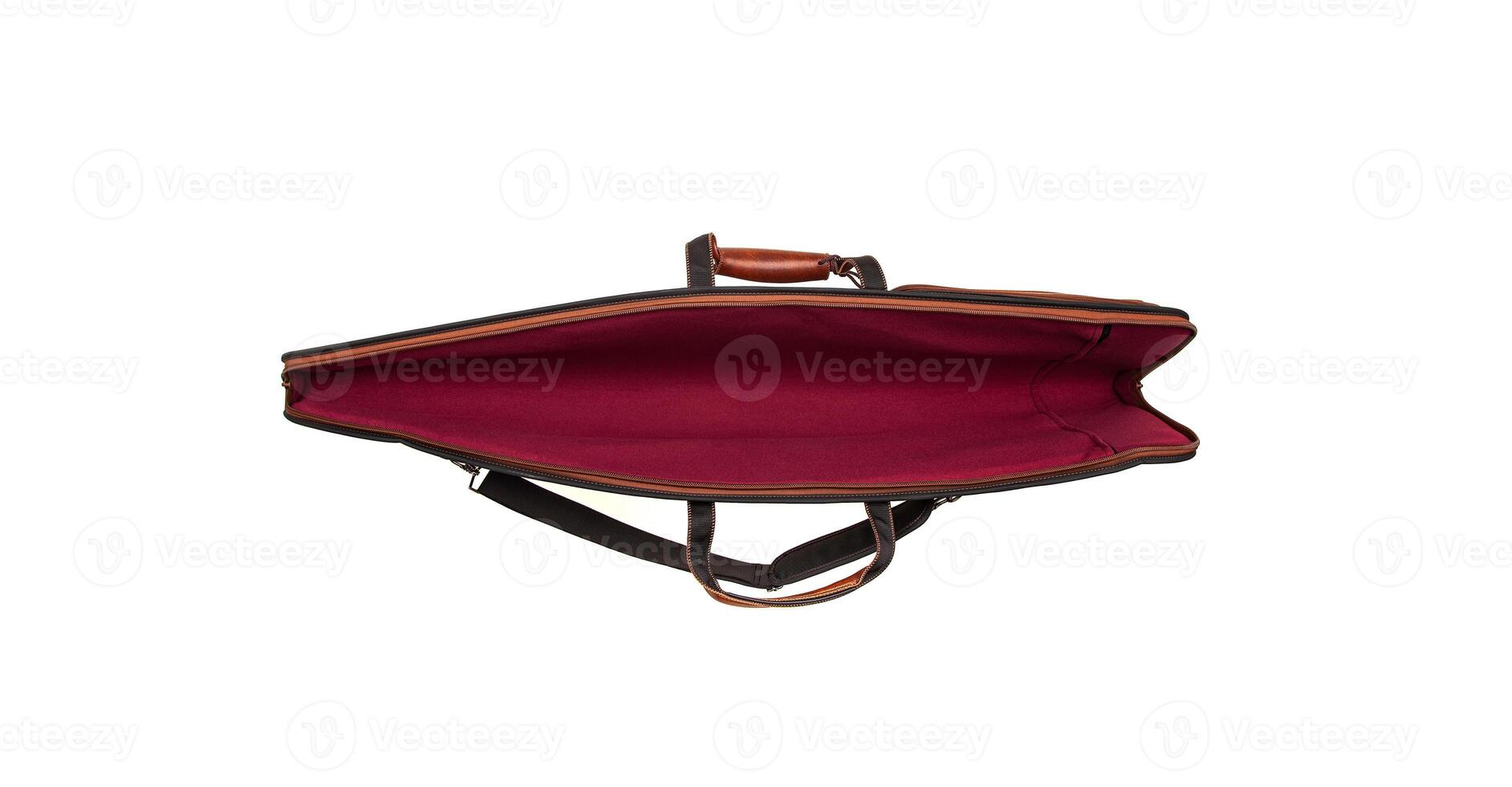 Luxury leather case for weapons isolate on a white back. Brown leather case for a hunting rifle. Soft yet secure storage case for transporting weapons. photo
