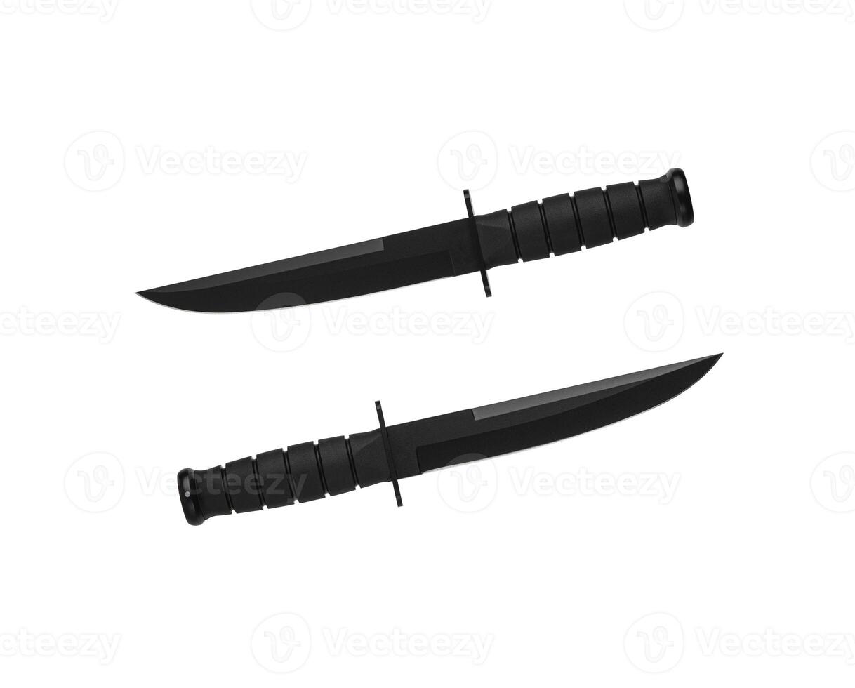 Modern hunting knife with black blade and rubber handle. Steel arms. Isolate on a white back. photo