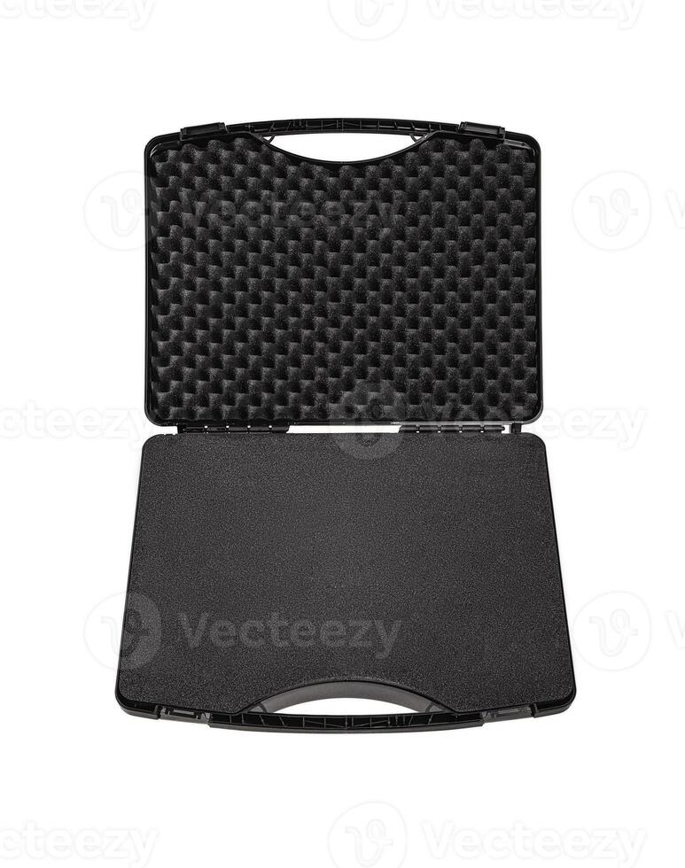 Open black plastic case with foam inside. Black plastic hard case for transporting and storing weapons. Gun container isolate on a white background. photo