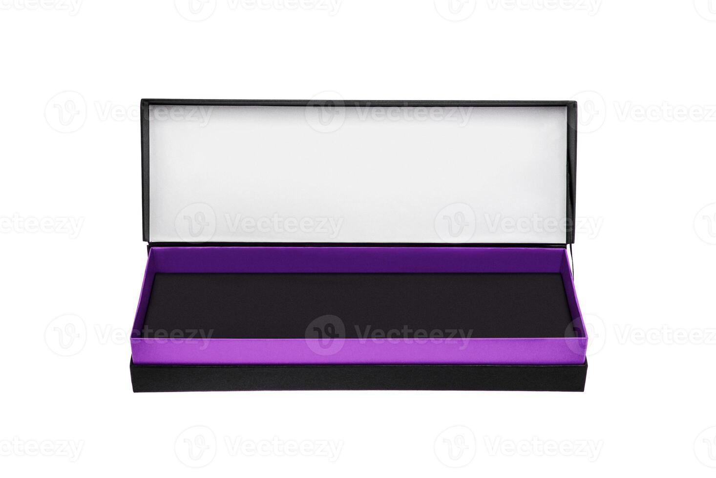 A small open black paper box with a purple stripe for a gift. Gift wrapping isolate on white background. photo