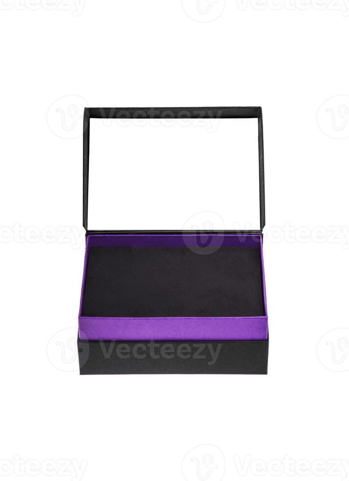 A small open black paper box with a purple stripe for a gift. Gift wrapping isolate on white background. photo