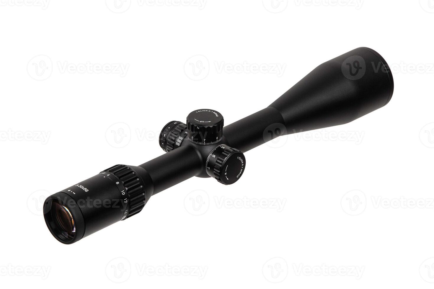 Modern black optical sight. Optical device for aiming at long distances. Isolate on a white back photo