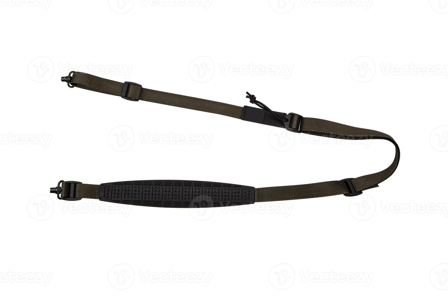 Green nylon shoulder strap for a gun isolated on white background photo