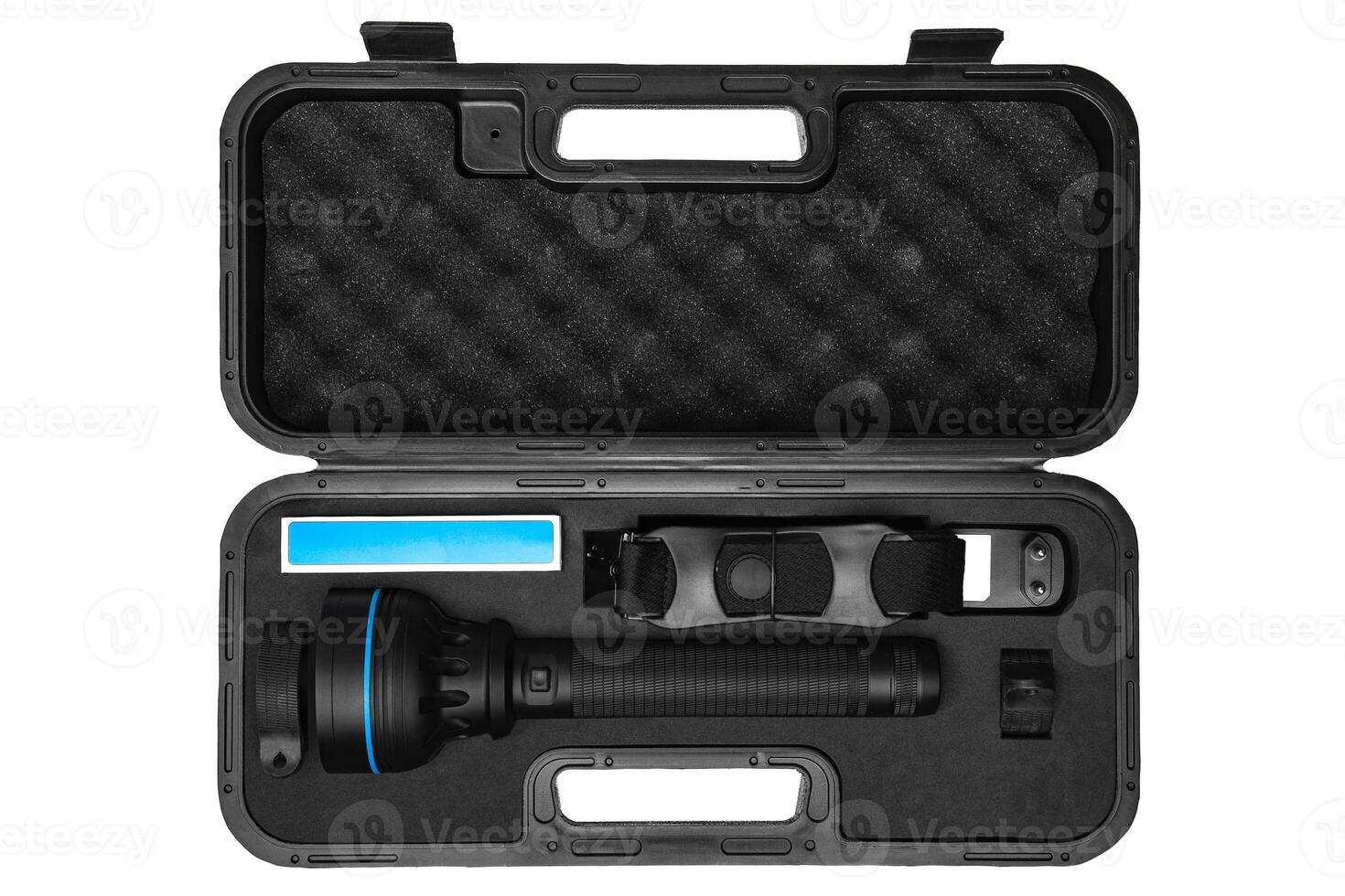 modern black flashlight in plastic case isolated on white back photo