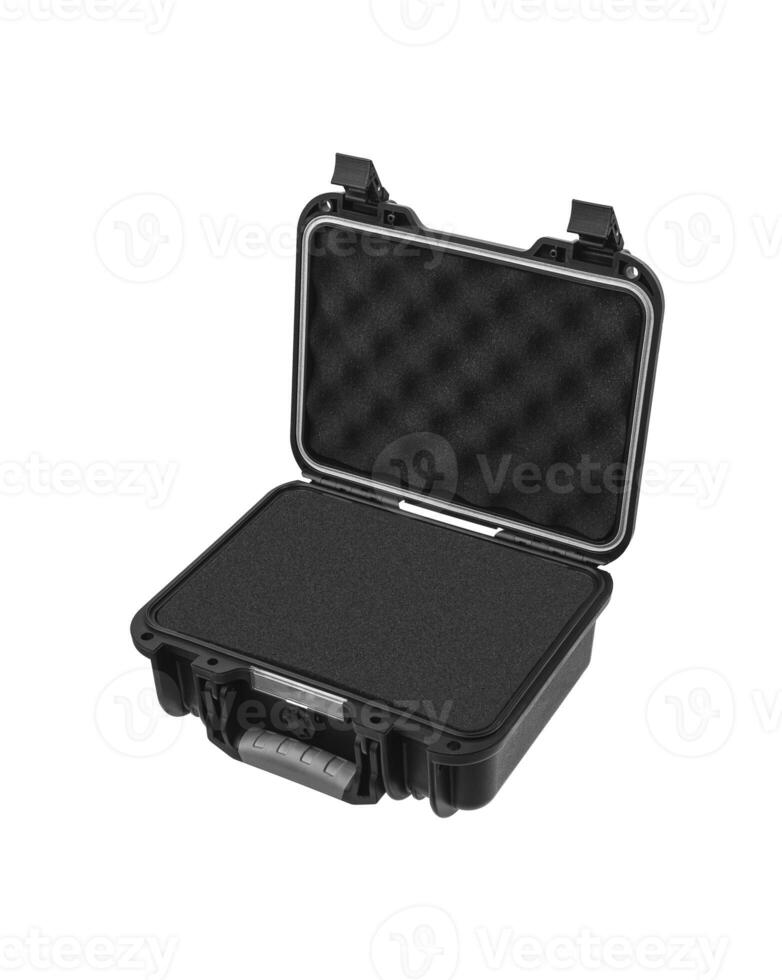 Open black plastic case with foam inside. Black plastic hard case for transporting and storing weapons. Gun container isolate on a white background. photo