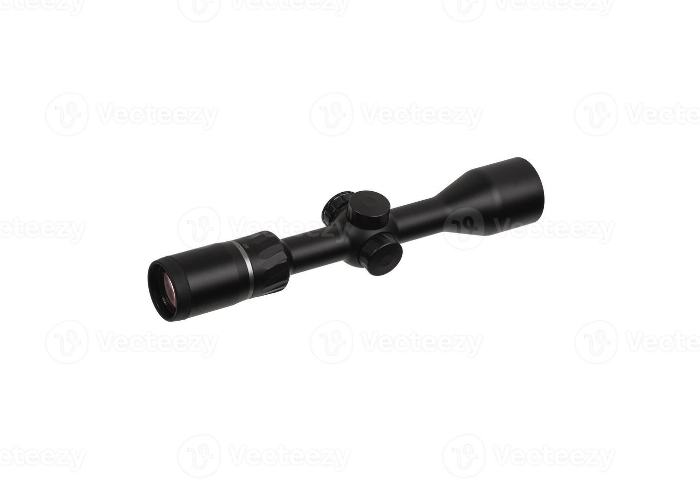 modern black optical scope for weapon isolated on whited. sight scope isolated on white back. photo
