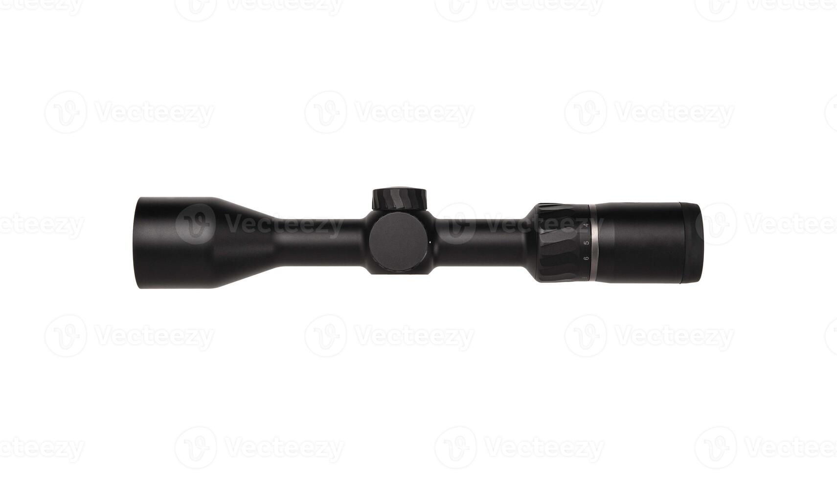 modern black optical scope for weapon isolated on whited. sight scope isolated on white back. photo