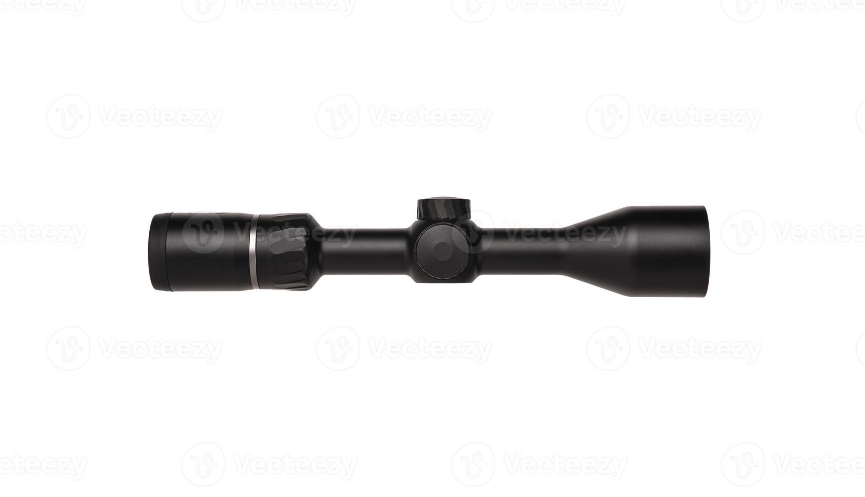 modern black optical scope for weapon isolated on whited. sight scope isolated on white back. photo