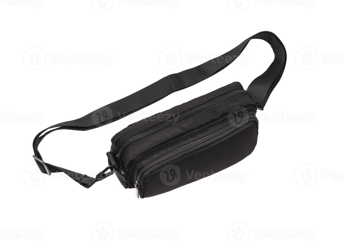 Black nylon waist pouch isolated on white background. A youth bag for storing and carrying trifles, money, a phone, keys and other things. photo