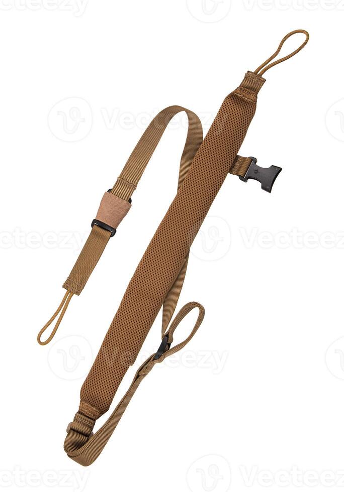 Nylon shoulder strap for a gun isolated on white back. Belt for comfortable carrying of weapons. photo