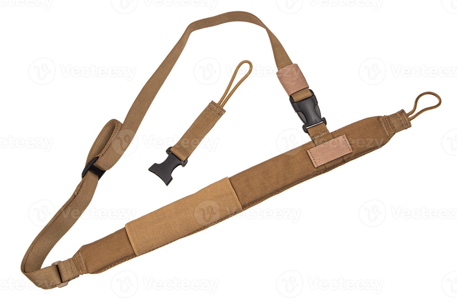 Nylon shoulder strap for a gun isolated on white back. Belt for comfortable carrying of weapons. photo