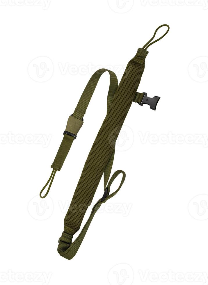 Nylon shoulder strap for a gun isolated on white back. Belt for comfortable carrying of weapons. photo