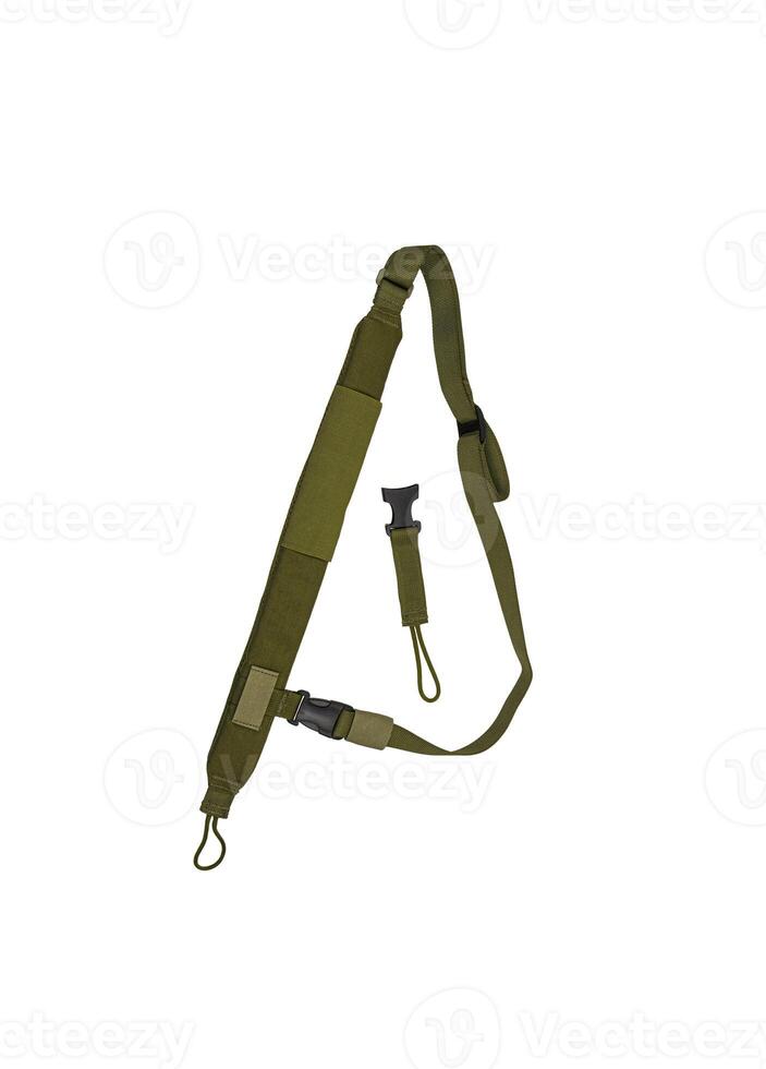 Nylon shoulder strap for a gun isolated on white back. Belt for comfortable carrying of weapons. photo