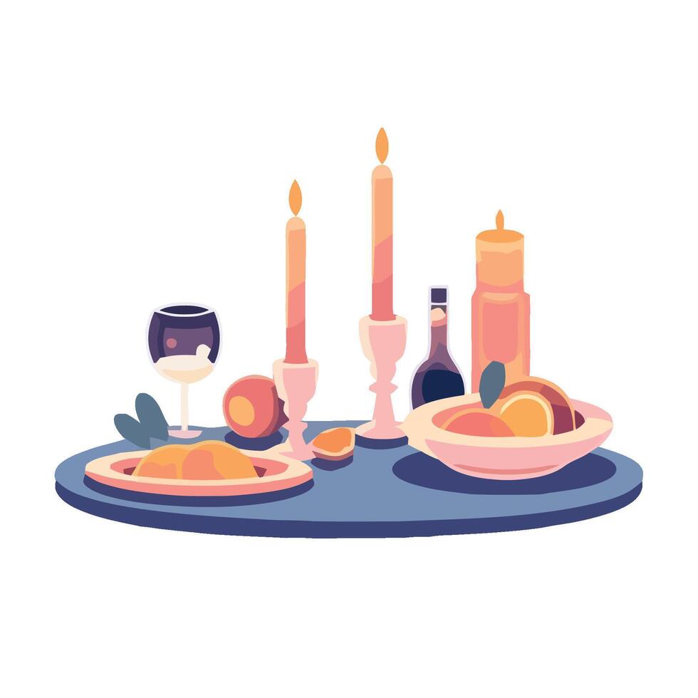 A table with a candle, wine and oranges vector
