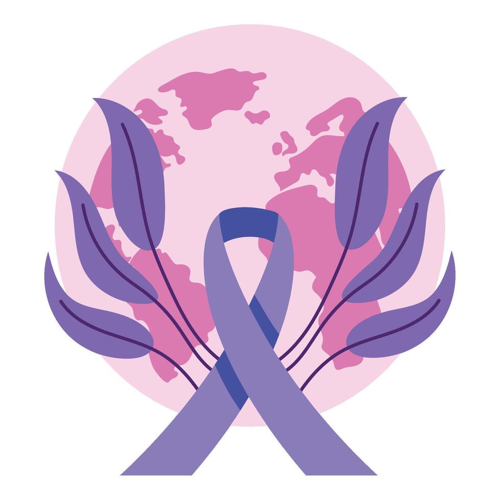 World cancer day purple ribbon with world map vector