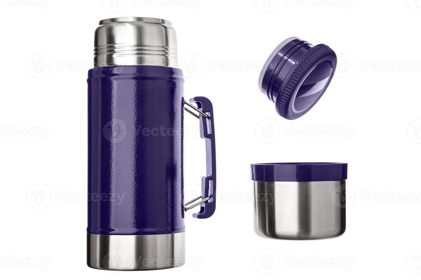 Metal thermos close up, isolate on a white background. Thermos bottle metal on white background isolation. photo