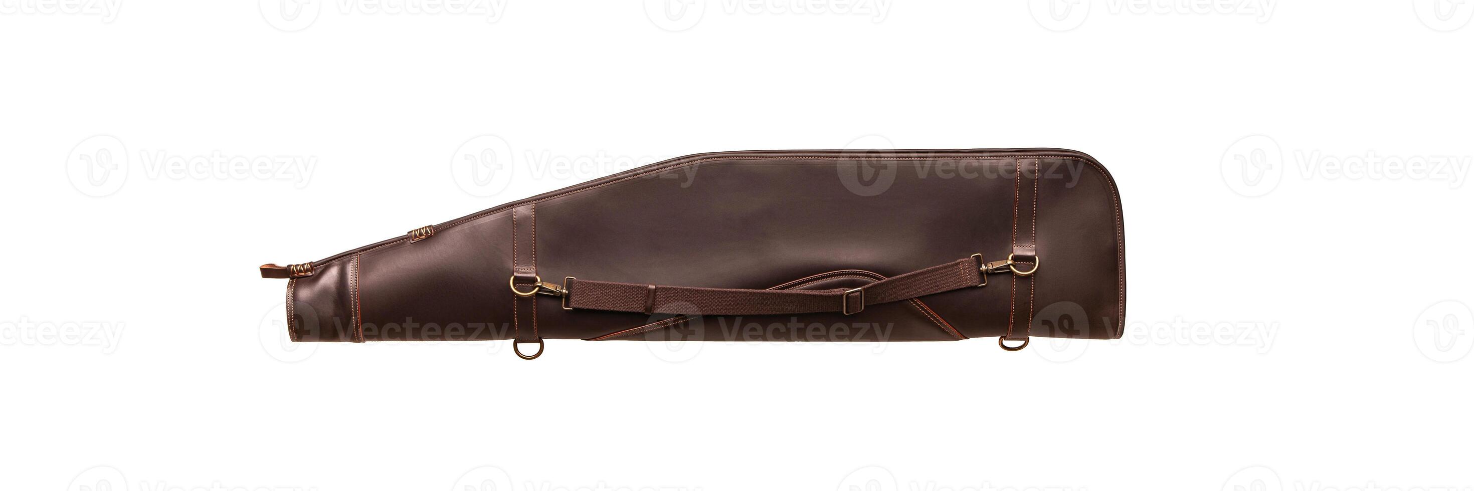 Brown leather case for weapons isolate on a white background. Luxury chesol for storage and transportation of hunting rifles. photo