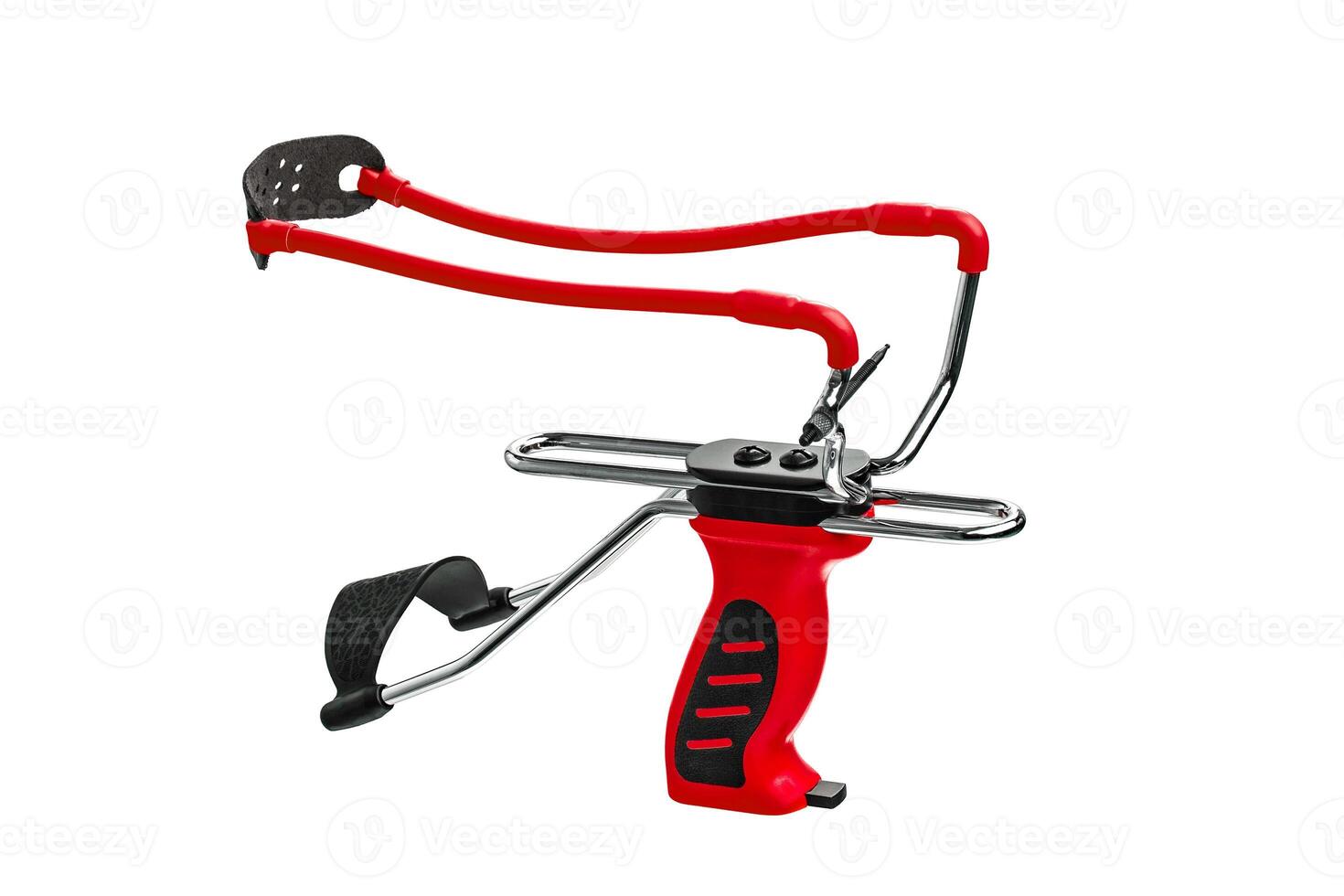 Red slingshot isolate on white background. Modern slingshot with ergonomic grip with tubular bands. photo