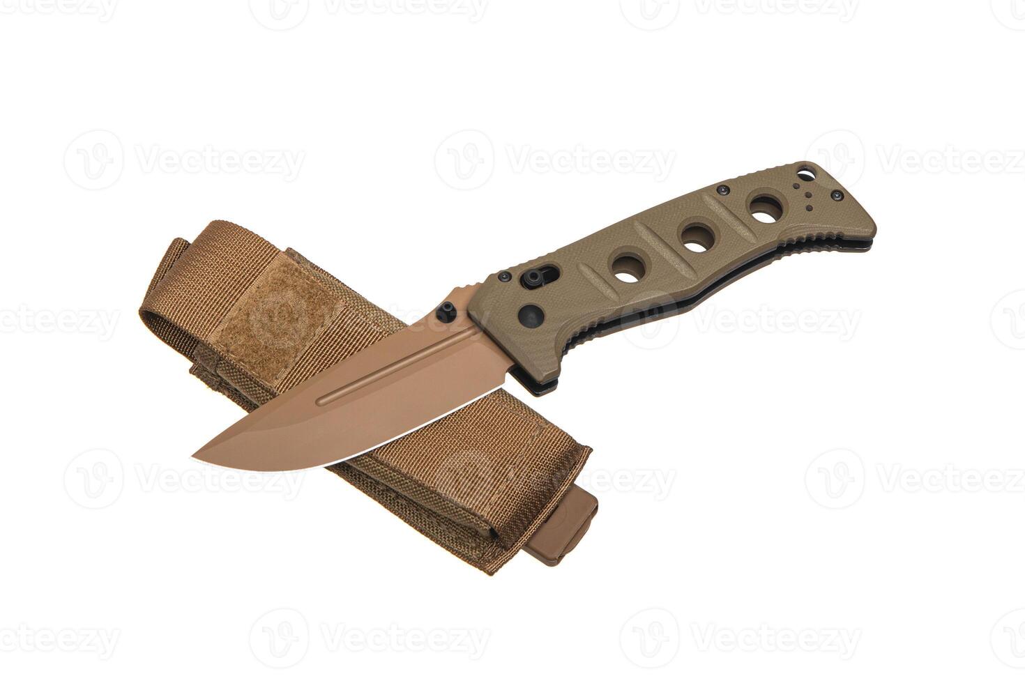 Khaki pocket folding knife. Compact metal sharp tactical knife with a folding blade. Isolate on a white back. photo