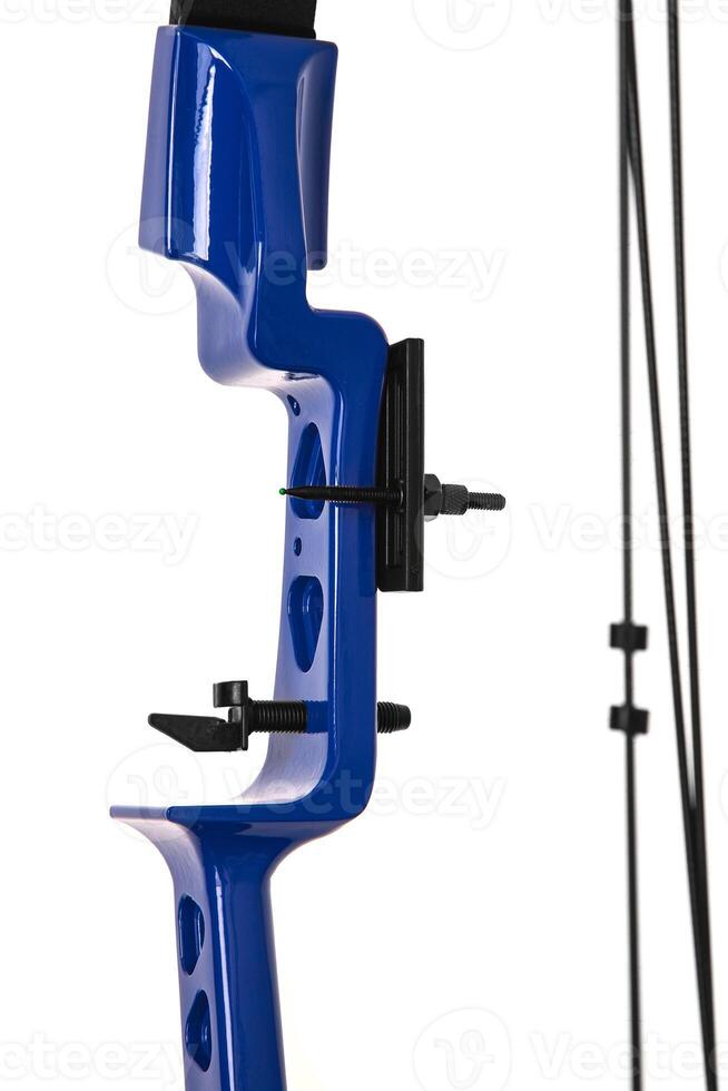 Closeup of the cam on a compound bow. modern, compound hunting bow and arrows isolated on white photo