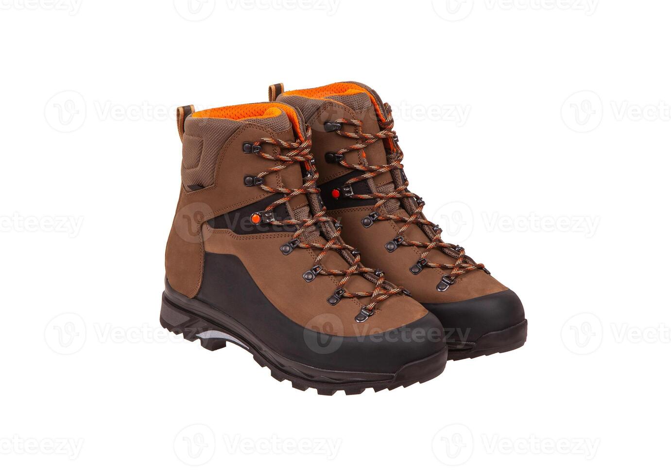 Modern mountain boots isolate on a white back. Shoes for outdoor activities and travel. photo
